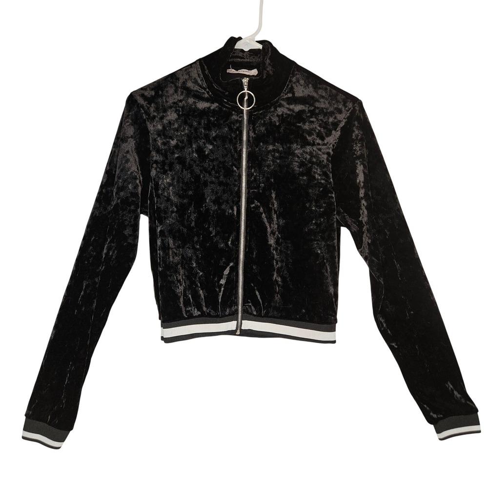 Chlo & Katie Black Crushed Velvet Cropped Bomber Jacket S Y2K Streetwear Zip-Up
